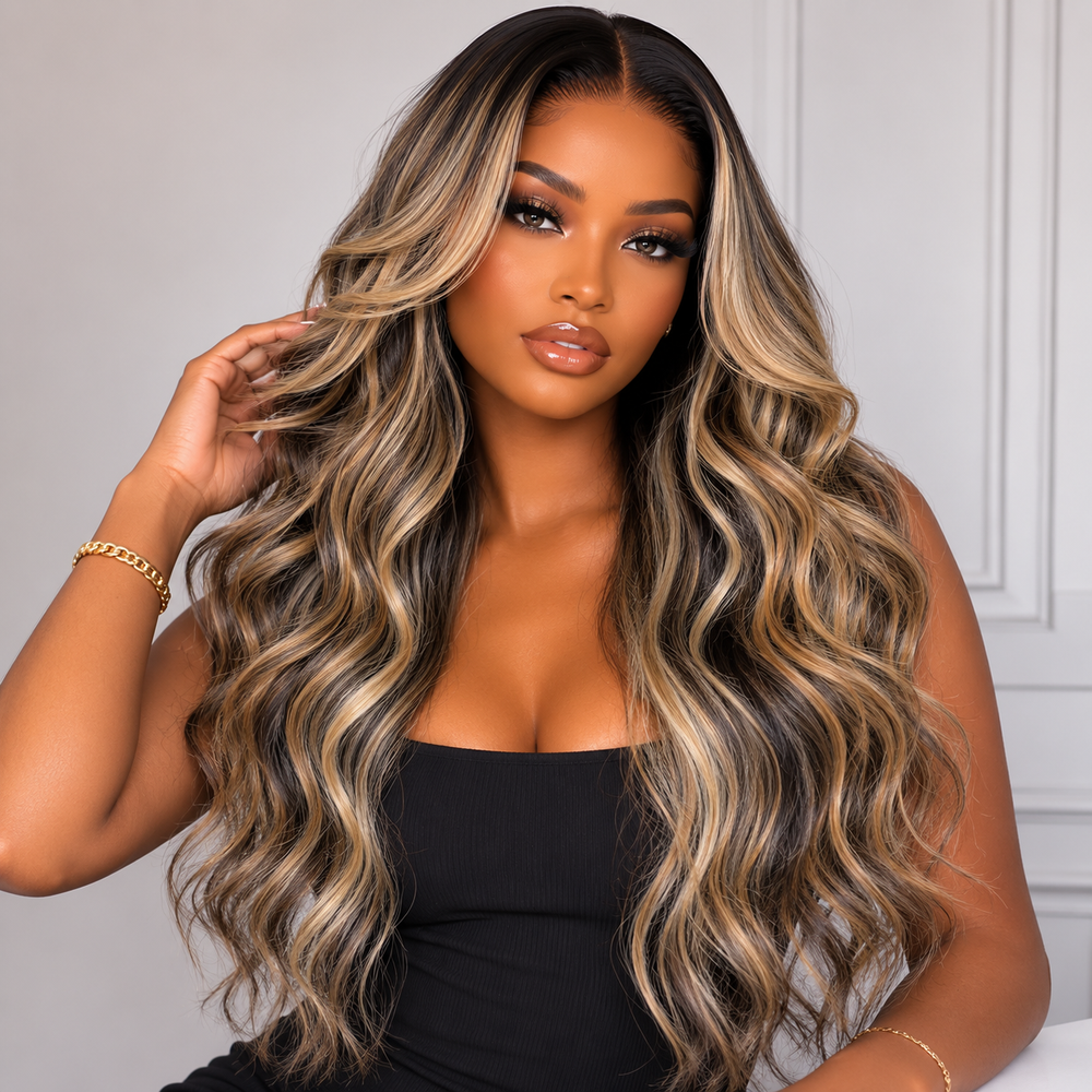 CUSTOM BLONDE/BLACK WAVY 13X4 HD LACE FRONT PREMIUM HUMAN HAIR WIG