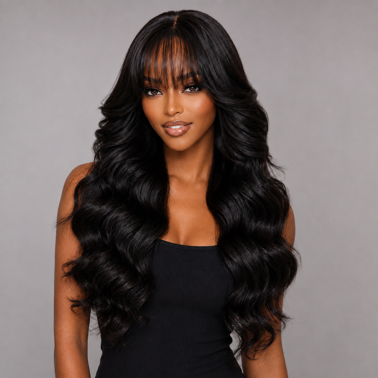 HANNAH- CUSTOM WAVY 5*5 HD LACE FRONT PRE PLUCKED WITH BANG READY TO WEAR PREMIUM HUMAN HAIR WIG