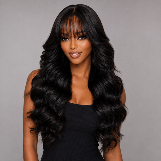 HANNAH- CUSTOM WAVY 5*5 HD LACE FRONT PRE PLUCKED WITH BANG READY TO WEAR PREMIUM HUMAN HAIR WIG
